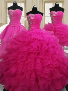 Customized Four Piece Floor Length Ball Gowns Sleeveless Hot Pink 15th Birthday Dress Zipper