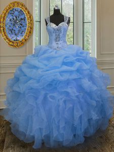 Colorful Blue Ball Gowns Organza Straps Sleeveless Beading and Ruffles Floor Length Zipper 15 Quinceanera Dress