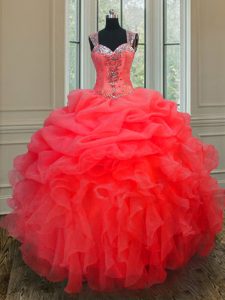 Straps Floor Length Coral Red Quinceanera Dress Organza Sleeveless Beading and Ruffles