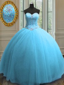 Sequins Ball Gowns Damas Dress Baby Blue Sweetheart Tulle Sleeveless Floor Length Lace Up