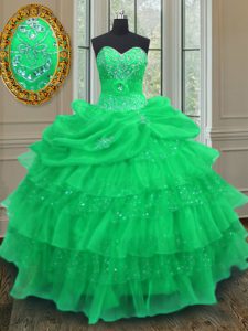 Custom Designed Green Halter Top Lace Up Beading and Ruffled Layers and Pick Ups Quince Ball Gowns Sleeveless
