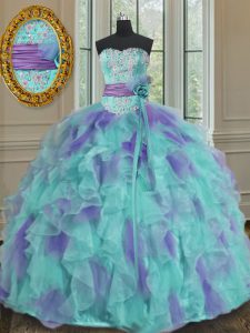 Custom Made Floor Length Multi-color Quinceanera Gown Organza Sleeveless Beading and Appliques and Ruffles and Sashes ribbons and Hand Made Flower