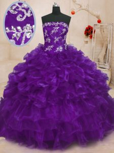 Modern Ball Gowns Quinceanera Court Dresses Purple Strapless Organza Sleeveless Floor Length Lace Up