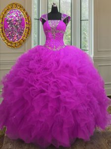 Straps Sequins Floor Length Ball Gowns Sleeveless Fuchsia 15th Birthday Dress Lace Up