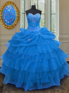Blue Sleeveless Beading and Ruffled Layers and Pick Ups Floor Length Sweet 16 Quinceanera Dress