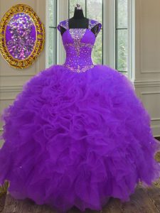 Best Selling Sequins Ball Gowns Sweet 16 Quinceanera Dress Purple Straps Organza Cap Sleeves Floor Length Lace Up