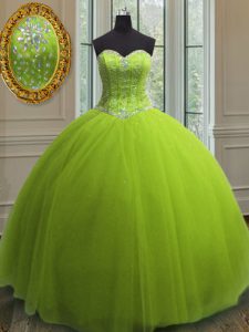 Floor Length Lace Up Sweet 16 Quinceanera Dress Yellow Green for Military Ball and Sweet 16 and Quinceanera with Beading and Sequins