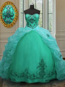 New Arrival Beading and Appliques and Pick Ups Quinceanera Dresses Turquoise Lace Up Sleeveless With Train Court Train