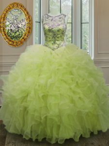 Scoop Sleeveless 15th Birthday Dress Floor Length Beading and Ruffles Yellow Green Organza