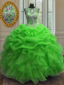 Scoop Sleeveless 15th Birthday Dress Floor Length Beading and Ruffles and Pick Ups Green Organza