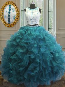 Simple Teal Scoop Clasp Handle Beading and Ruffles Ball Gown Prom Dress Sleeveless