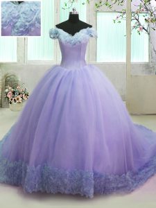 Exquisite With Train Lavender Sweet 16 Dress Off The Shoulder Short Sleeves Court Train Lace Up