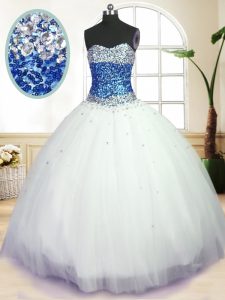 High End Floor Length White Quinceanera Gowns Tulle Sleeveless Beading