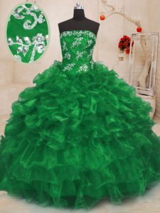 High End Green Sleeveless Organza Lace Up Sweet 16 Dresses for Military Ball and Sweet 16 and Quinceanera