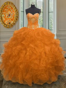 Orange Sweetheart Lace Up Beading and Embroidery and Ruffles Quinceanera Dress Sleeveless
