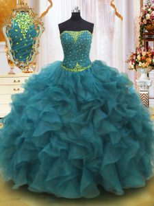 Floor Length Ball Gowns Sleeveless Teal Quince Ball Gowns Lace Up