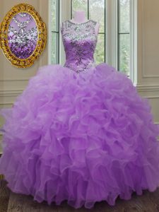 Hot Selling Lilac Ball Gowns Organza Scoop Sleeveless Beading and Ruffles Floor Length Lace Up Party Dress for Girls