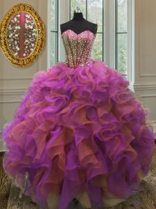 Organza Sweetheart Sleeveless Lace Up Beading and Ruffles Ball Gown Prom Dress in Multi-color