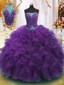Exceptional Beading and Ruffles Ball Gown Prom Dress Purple Lace Up Sleeveless Floor Length