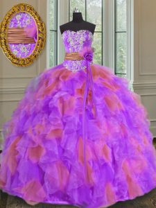 Captivating Multi-color Sweetheart Neckline Beading and Ruffles and Sashes ribbons and Hand Made Flower 15th Birthday Dress Sleeveless Lace Up