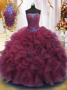 Cheap Beading and Ruffles Ball Gown Prom Dress Burgundy Lace Up Sleeveless Floor Length