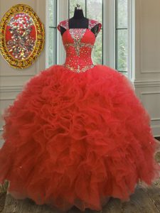 Cheap Straps Cap Sleeves Sweet 16 Quinceanera Dress Floor Length Beading and Ruffles and Sequins Coral Red Organza