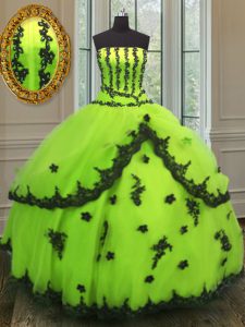 Sumptuous Yellow Green Strapless Lace Up Appliques Quinceanera Dresses Sleeveless