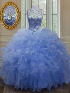 Modest Scoop Floor Length Lace Up 15th Birthday Dress Blue for Military Ball and Sweet 16 and Quinceanera with Beading and Ruffles