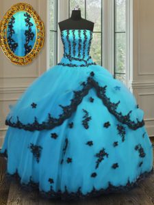 Modest Floor Length Lace Up Quinceanera Dress Aqua Blue for Military Ball and Sweet 16 and Quinceanera with Appliques