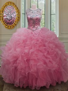 Scoop Rose Pink Sleeveless Organza Lace Up Quince Ball Gowns for Military Ball and Sweet 16 and Quinceanera