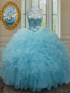 Aqua Blue Quince Ball Gowns Military Ball and Sweet 16 and Quinceanera and For with Beading and Ruffles Scoop Sleeveless Lace Up