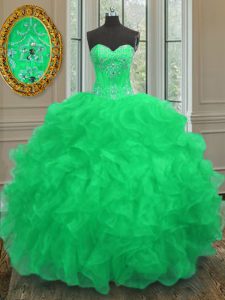 Sweetheart Sleeveless Quinceanera Court Dresses Floor Length Beading and Embroidery and Ruffles Green Organza