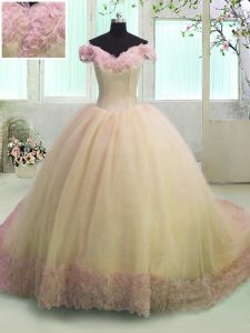 Off the Shoulder Yellow Short Sleeves Organza Court Train Lace Up Vestidos de Damas for Military Ball and Sweet 16 and Quinceanera