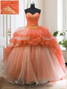 Orange Red Sleeveless Sweep Train Beading and Ruffled Layers With Train Quinceanera Gown