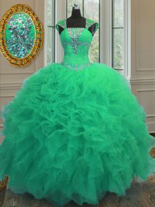 Fitting Straps Cap Sleeves Beading and Ruffles and Sequins Lace Up Sweet 16 Quinceanera Dress