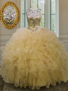 Sweet Scoop Floor Length Lace Up Quinceanera Dress Light Yellow for Military Ball and Sweet 16 and Quinceanera with Beading and Ruffles