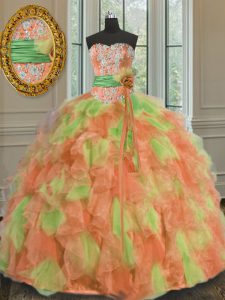 Comfortable Sweetheart Sleeveless Organza 15 Quinceanera Dress Beading and Ruffles and Sashes ribbons Lace Up