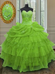 Pretty Pick Ups Ruffled Sweetheart Sleeveless Lace Up Quinceanera Court Dresses Yellow Green Organza