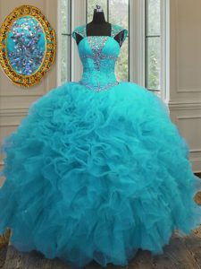 Straps Aqua Blue Lace Up Quinceanera Dresses Beading and Ruffles and Sequins Cap Sleeves Floor Length