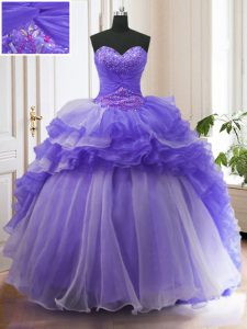 Purple Sweetheart Neckline Beading and Ruffled Layers Vestidos de Quinceanera Sleeveless Lace Up