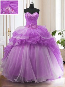 Most Popular Purple Quinceanera Gown Organza Sweep Train Sleeveless Beading and Ruffled Layers