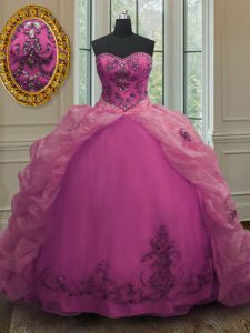 Fuchsia Lace Up Sweet 16 Dresses Beading and Appliques and Pick Ups Sleeveless With Train Court Train