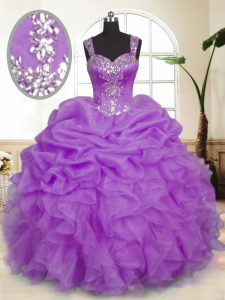 Cute Lavender 15th Birthday Dress Military Ball and Sweet 16 and Quinceanera and For with Beading and Ruffles and Pick Ups Straps Sleeveless Zipper