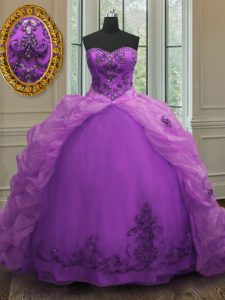 Exceptional Purple Ball Gowns Organza Sweetheart Sleeveless Beading and Appliques and Pick Ups With Train Lace Up Sweet 16 Dress Court Train