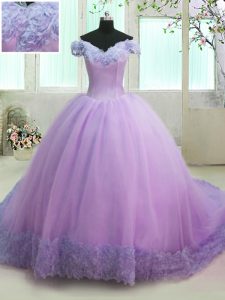 Luxurious Off The Shoulder Short Sleeves Organza Quinceanera Gowns Hand Made Flower Court Train Lace Up