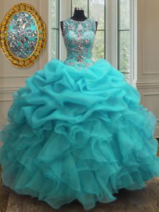 Scoop Sleeveless Sweet 16 Dresses Floor Length Beading and Ruffles Baby Blue Organza