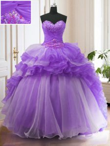 Sweet Lavender Ball Gowns Beading and Ruffled Layers Sweet 16 Quinceanera Dress Lace Up Organza Sleeveless With Train