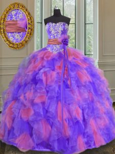 Multi-color Lace Up Quinceanera Gown Beading and Appliques and Ruffles and Sashes ribbons and Hand Made Flower Sleeveless Floor Length