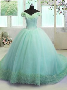 Spectacular Off the Shoulder Sleeveless Organza With Train Court Train Lace Up Vestidos de Quinceanera in Turquoise with Hand Made Flower