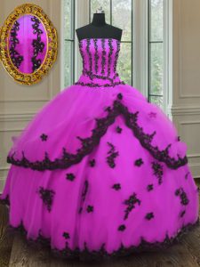 Ideal Ball Gowns Sweet 16 Quinceanera Dress Fuchsia Strapless Tulle Sleeveless Floor Length Lace Up